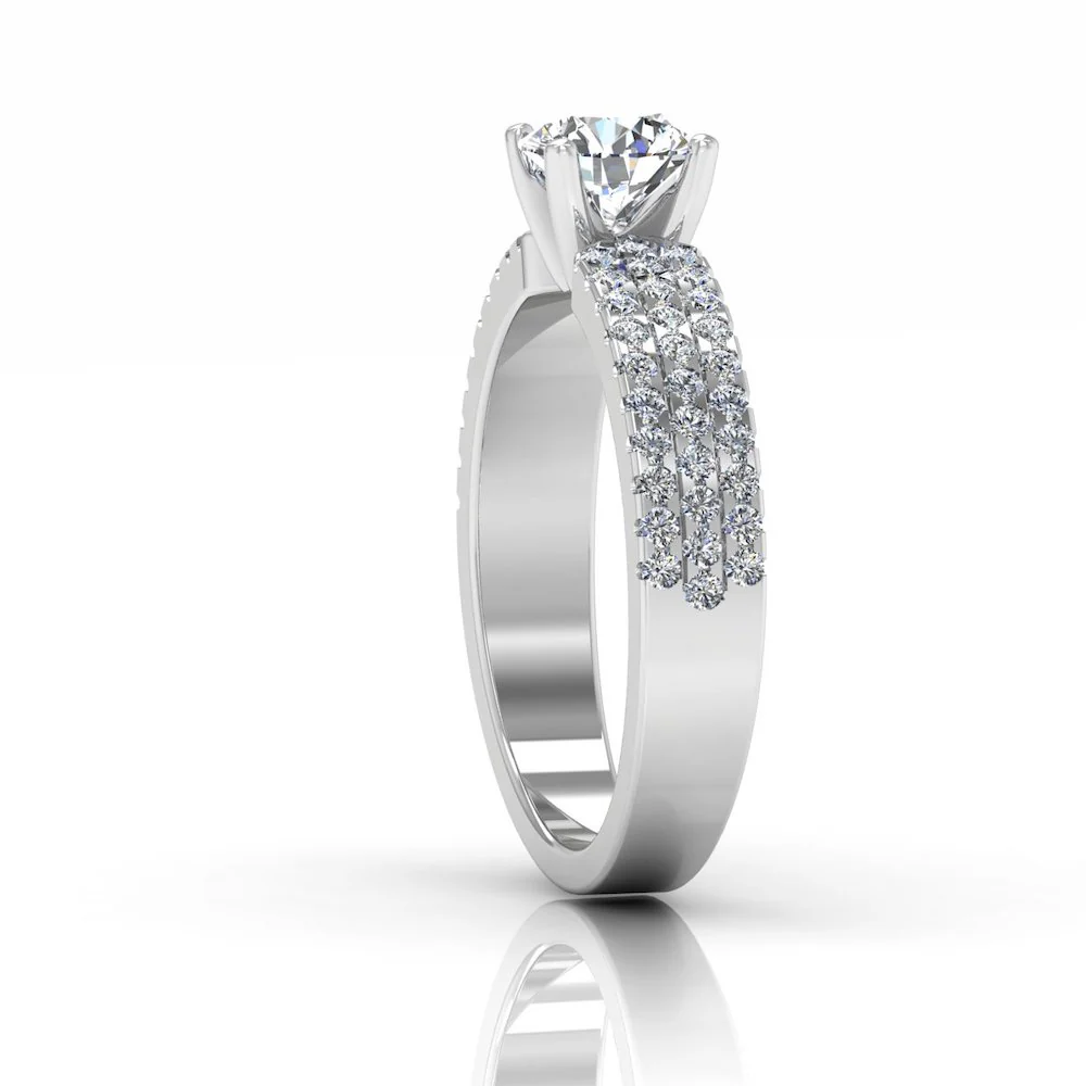 3-Row Round Cut Prong Moissanite Engagement Ring (14K)