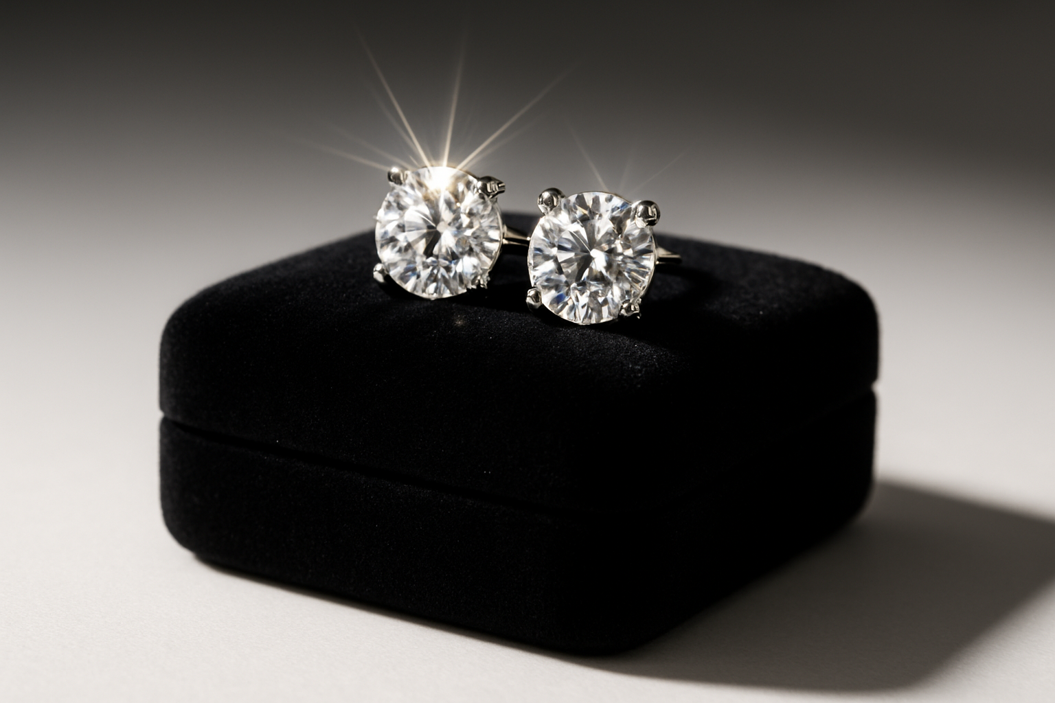 Stud earrings shining on top of a case